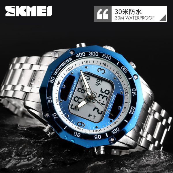 SKMEI Dual Time Solar 3atm Stainless Steel Watch Men Luxury Men's Fashion Watch 1493
