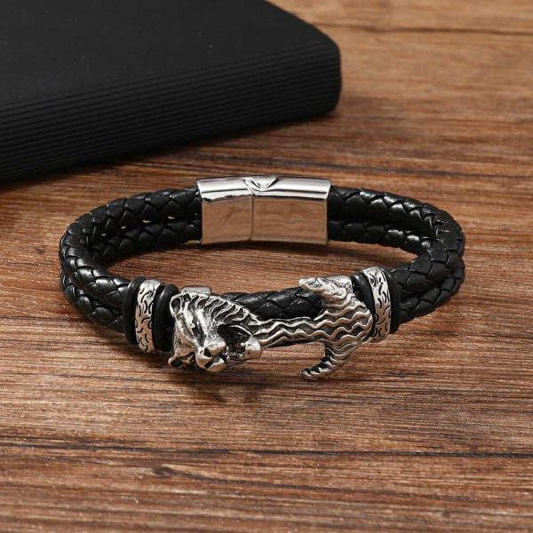 Vintage Wolf Alloy Leather Beaded Buckle Bracelet - Image 3