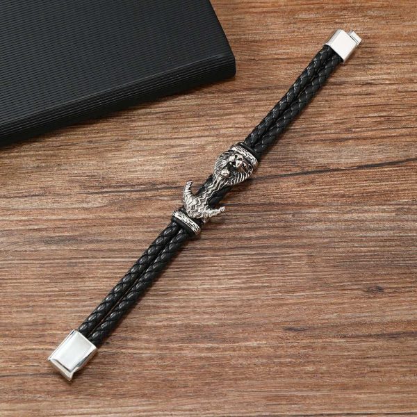 Vintage Wolf Alloy Leather Beaded Buckle Bracelet - Image 2