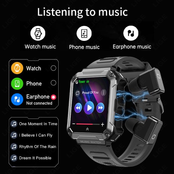 LIGE GPS 2-in-1 Bluetooth calling Blood Sugar TWS 4GB Multifunctional Waterproof Music Smartwatch with Earbuds - Image 2