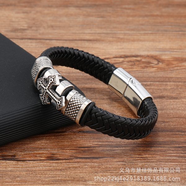 Retro Alloy Leather Cross Bracelet - Image 3